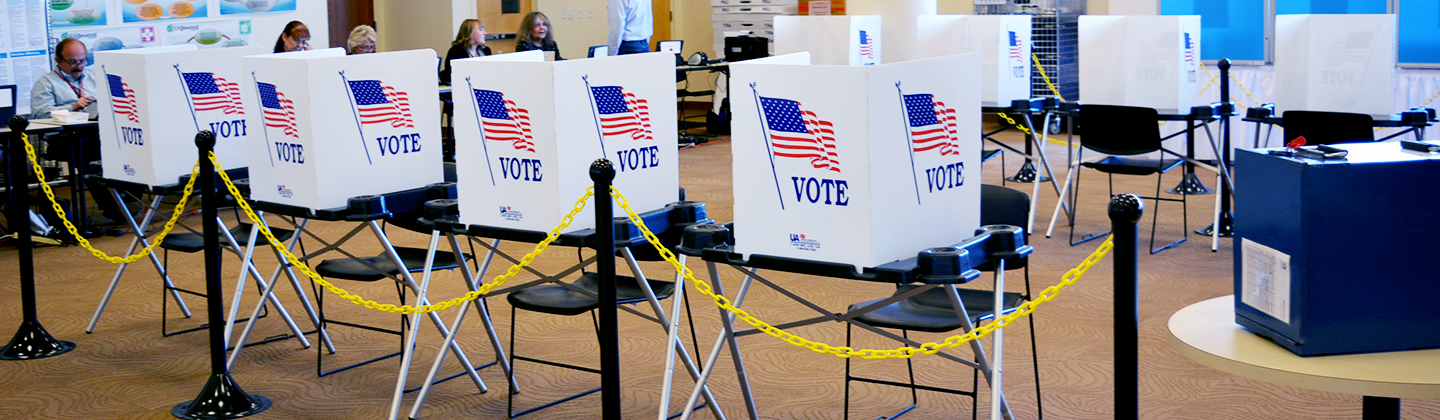 Row of voting booths with people in the background